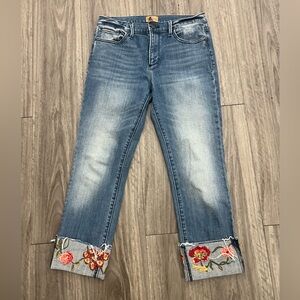 DRIFTWOOD Medium Blue Cropped Jeans with Floral Embroidered Cuffs